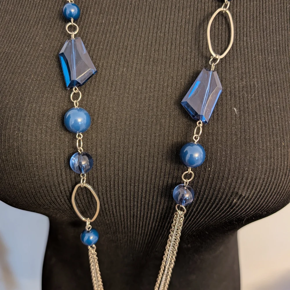 Long Blue Bead & Chain Women's Necklace